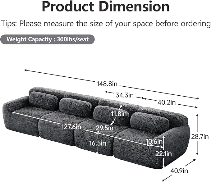 149 Sectional Couches for Living Room Comfy Boneless Couch 4 Seater Cloud Sofa Compressed Couch with Deep Seat Modern Modular Sectional Plush Floor Sofa No Assembly (Grey)