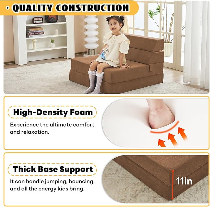 jela Foldable Sofa Bed Large Soft Foam Convertible Sleeper Chair Luxury Miss Fabric Fold Out Chair Bed Floor Couch with Back Support Floor Sofa for Living Room Bedroom (83x33Coffee Brown)