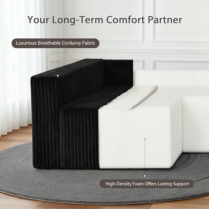 128 U-Shaped Boneless Couch Modern Sectional Modular Couch with Double Chaise Deep Seat Boneless Couches for Living Room Bedroom No Assembly Required Blck
