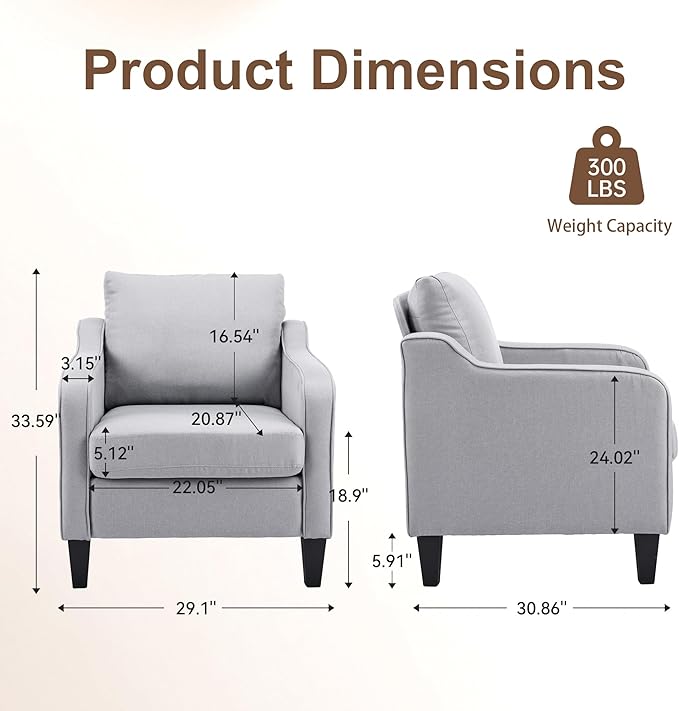 Accent Chair for Living Room Set of 2 Modern Linen Fabric Upholstered Armchair Comfy Reading Chair for Bedroom Mid Century Single Sofa Chair with Solid Wood Legs for Apartment Office Grey