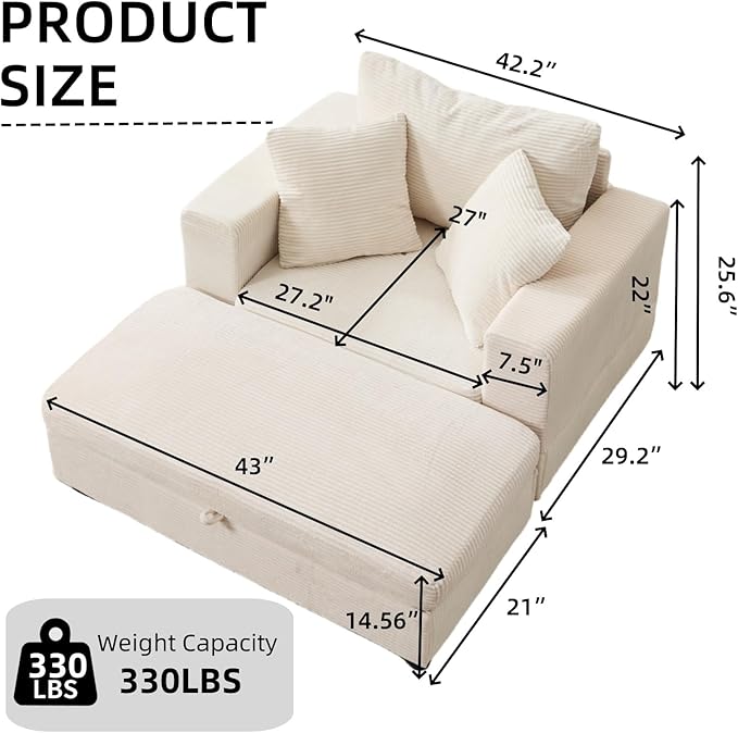 Chaise Lounge Chair with Removable Ottoman Modern Corduroy Accent Sleeper Sofa Bed with Pillows Deep Seat Upholstered Armchair for Living Room Bedroom (Beige)