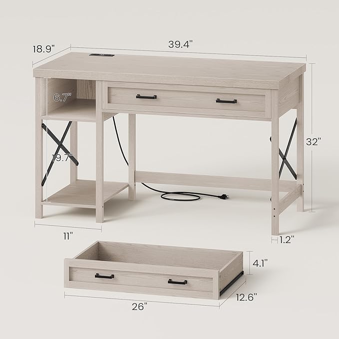 SEDETA Farmhouse Small Desk with Drawers 40 Computer Desk with Storage Shelves Writing Desk for Small Space and Power Outlet Desk for Bedroom Home Office Mahogany Grey