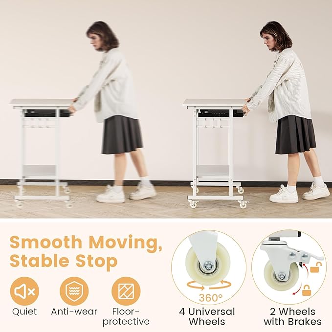 Giantex Rolling Computer Desk Mobile Portable Desk with Keyboard Tray &amp Wheels Laptop PC Table Cart with Shelf &amp Hooks Industrial Small Desk for Small Spaces Home Office Bedroom White
