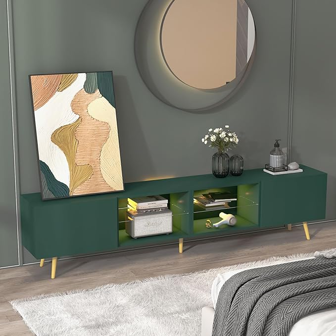 Bonzy Home 86 LED TV Stand Modern Entertainment Center up to 90 TV Television Console Table with Storage Cabinets for Living Room Dark Green