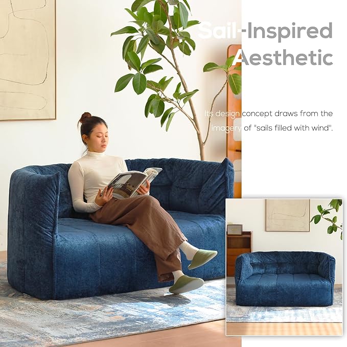N&ampV Mid Century Brigantin Deep Relaxation Sofa Soft Premium Chenille for Living Room Bedroom and Office (Blue ThreeSeater)