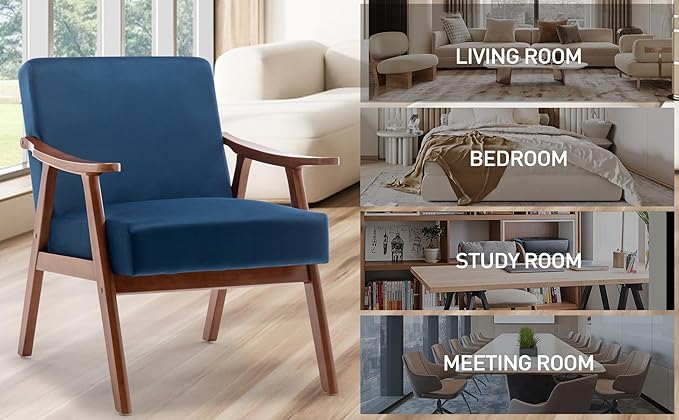 Mid-Century Modern ChairUpholstered Armchair Living Room Chair with Solid Wood Frame Comfy Reading Chairs Lounge Side Chair for Living RoomBedroomBelcony. (Blue+Velvet)