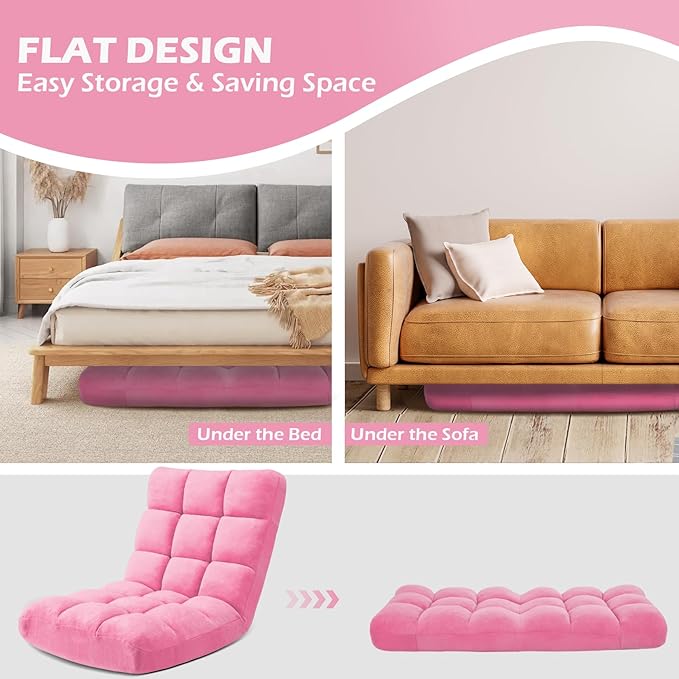Folding Floor Gaming Chair 14-Poistion Adjustable Floor Lazy Sofa Chair 2 Pack w/Breathable Cotton &amp Skin-Friendly Coral Velve for Adults &amp Kids Perfect for Reading Gaming Meditating Pink