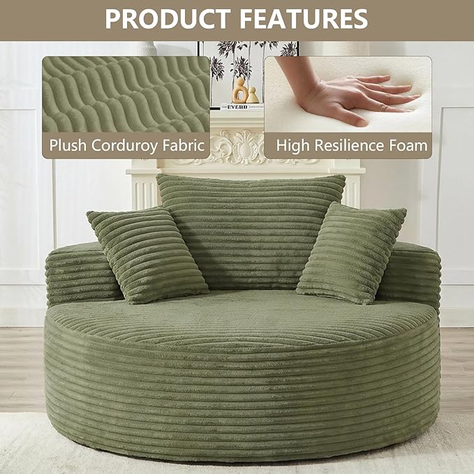 55 L Corduroy Sponge Single Sofa Oversized Round Chair Fluffy Modern Sleeper Chairs for Living Room Lounge and Projection Room Wide Armrest Lounge Chairs Armchair with Pillow Green