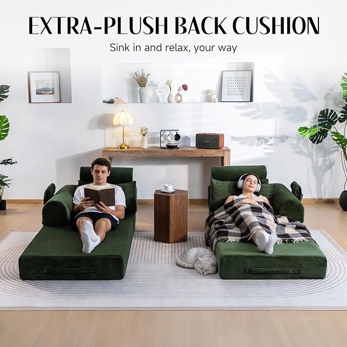 79 Corduroy Sofa Bed Sleeper Couch 6-in-1 Convertible Boneless Floor Futon Loveseat High-Density Foam Couch in a Box with 2 Headrest Pillows No Assembly Olive Green