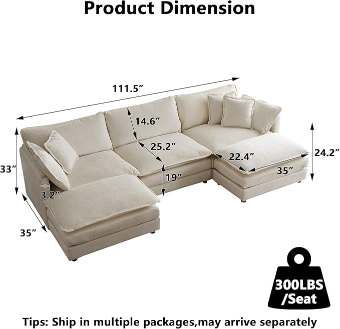 Aoowow Modular Sectional Sofa Modern Convertible U Shaped Couch112.2 Inch Deep 3-Seater Sofas Set Comfy Chenille Cloud Sofas and Couches with Movable Ottoman for Living Room Apartment（Light Coffee）