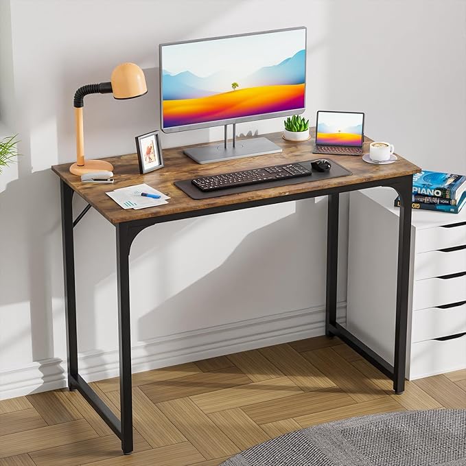 39 inch Computer Desk for Small Spaces Wood Desk Office Desk Writing Desk with Metal Frame &amp Adjustable Feet Modern Simple Computer Table PC Desk for Bedroom Home Office Brown Desk