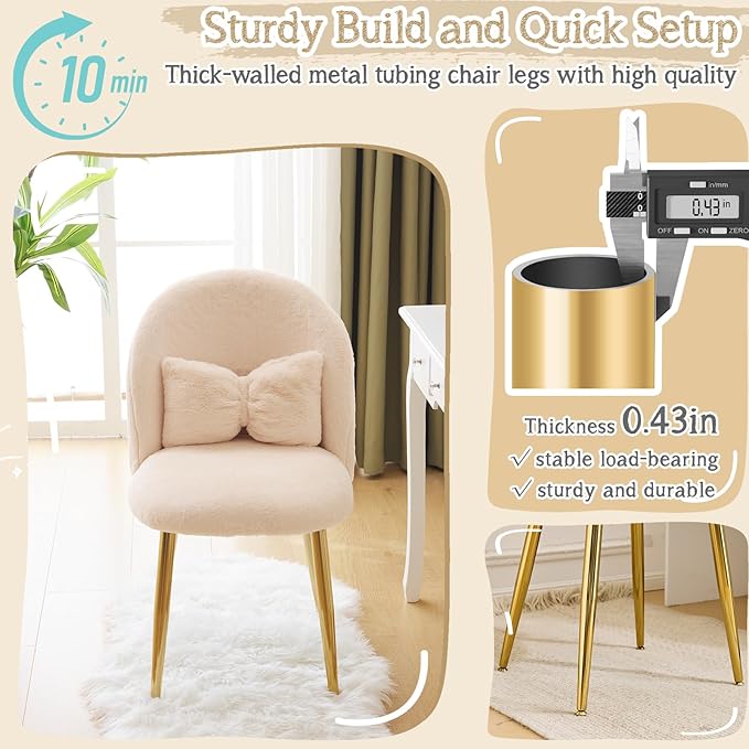 VINGLI Boucle Girls Vanity Chair with Back &amp PillowCute Small Cozy Desk Chair No WheelsComfy Makeup Ch with Ajustable Gold Legsfor BedroomLiving RoomSmall SpaceKhaki