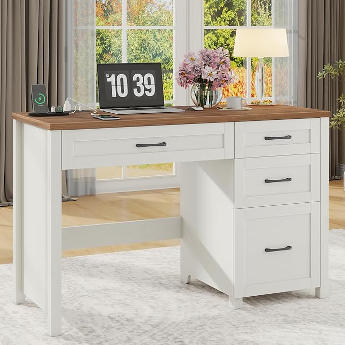 Vabches Farmhouse 47 Executive Desk Computer Desk with File Drawer and Charging Station Workstation for Home Office &amp Study（Off White