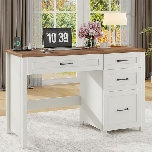 Vabches Farmhouse 47 Executive Desk Computer Desk with File Drawer and Charging Station Workstation for Home Office &amp Study（Off White