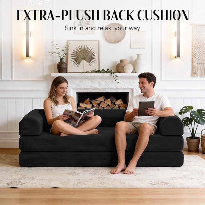 79 Corduroy Sofa Bed Boneless Couch in a Box with 2 Pillows High-Density Foam 4-in-1 Foldable Sleeper Futon Loveseat for Small Spaces No Assembly Side Pockets Black