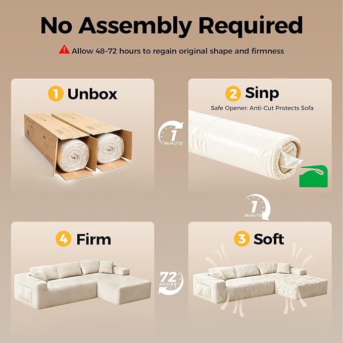 108” Cloud Sectional Couch Modern Modular Sectional Sofa with Deep Seat Corduroy Boneless Couches with Chaise L-Shaped Sofa for Living Room 4 Storage Pockets (Right Facing Chaise Beige)