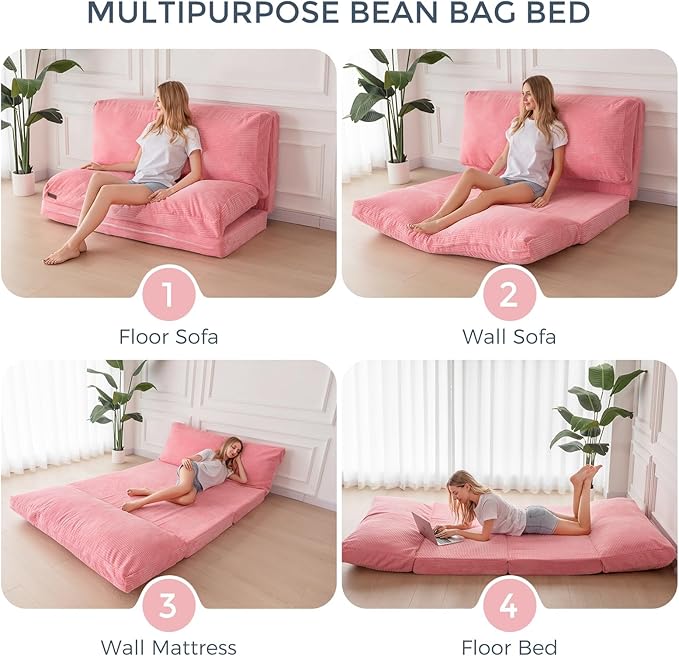 MAXYOYO Folding Sofa Bed Extra Thick and Long Floor Sofa Convertible Sleeper Chair with Washable Cover Floor Couch Lounge Bean Bag Bed for Living Room Pink 54x95 Inch