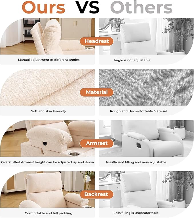 Rocking Chair Nursery with Adjustable Armrests Electric Glider Recliner Nursing Chair for Breastfeeding Power Swivel Recliner Chairs with Massage and Heat Adjustable Headrest  FSC Certified Beige