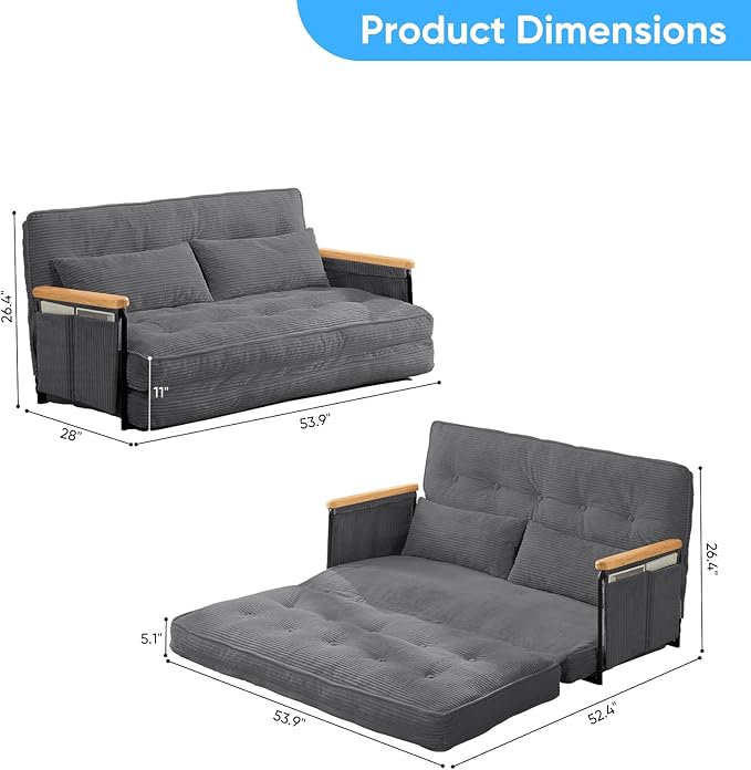 Mjkone 54 Adjustable Floor Couch with 2 Pillow Loveseat Sleeper Sofa with Side Pocket Multi-Functional Couch Bed 5 Position Lazy Sofa with Wooden Armrest for Living Room (Dark GrayLoveseat