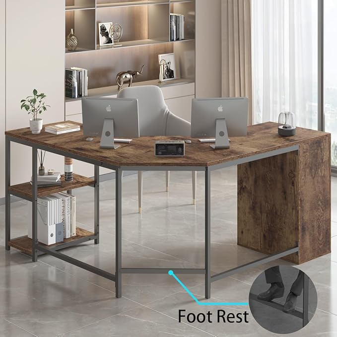 LVB Farmhouse L-Shaped Corner Desk with Drawers Reversible Home Office Executive Desk with Storage Cabinet Shelves Large Wood Metal L Shaped Table for Work Study Writing Gaming Rustic Brown 60 in