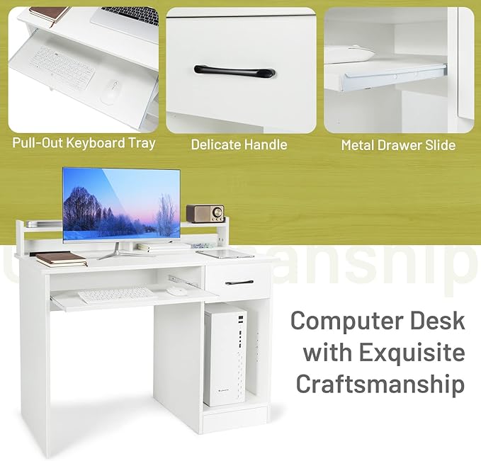 Tangkula White Desk with Drawer &amp Keyboard Tray 22 Inch Wide Modern Study Writing Desk with Desktop Hutch &amp Storage Shelves Home Office Desk for Teens Wood PC Laptop Desk Desk for Bedroom