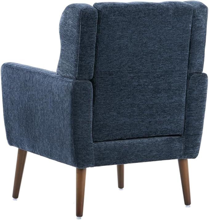 Modern Accent ChairChenille Arm Chairs for Living RoomUpholstered Mordern ArmchairComfy Soft Padded Lounge Chair in Small Space Bedroom w/Pillow Solid Wood Leg (Dark Blue + Chenille)