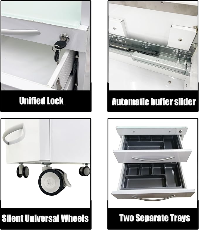 5 Drawers Mobile Office File Storage Cabinet Stainless Steel Dental Medical Assistant Cabinet Utility Cart Glass Countertop with Lock and Wheels and Storage Tray for Office Hospital White