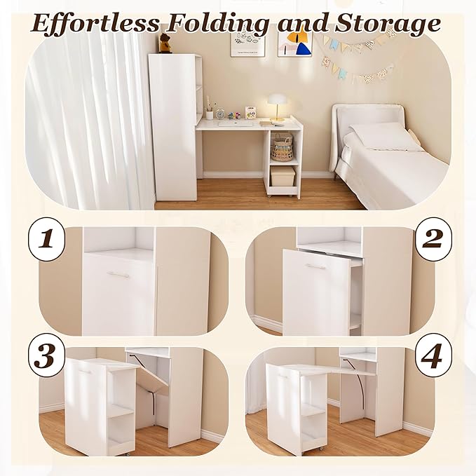 Montary Expandable and Foldable Desk Mobile Office Desk with Storage Shelves &amp Wheels Compact Computer Desk for Small Space Reversible L Shaped Desk (White)