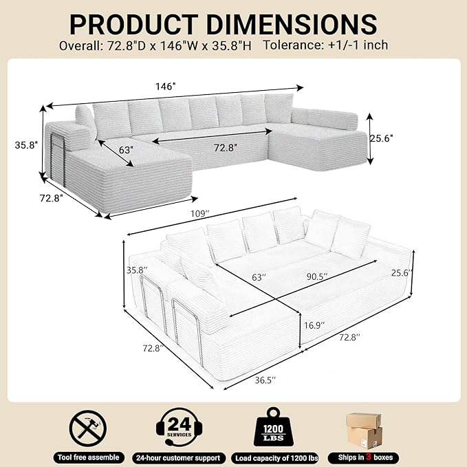 145 Modular Sectional Sofa Oversized U-Shaped Deep Seat Corduroy Cloud Couch with Fixed-Shape Frame Sleeper Sofa Couch Boneless Couches for Living Room No Assembly RequiredSofa in A BoxGreen