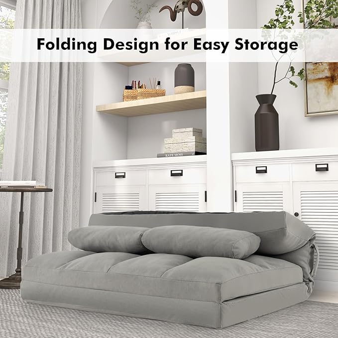 Giantex Floor Sofa Bed with 2 Pillows Convertible Sofa Couch w/ 6 Positions Adjustable Backrest Velvet Cover Folding Lazy Sleeper Sofa for Living Room Bedroom Guest Room (Light Grey)