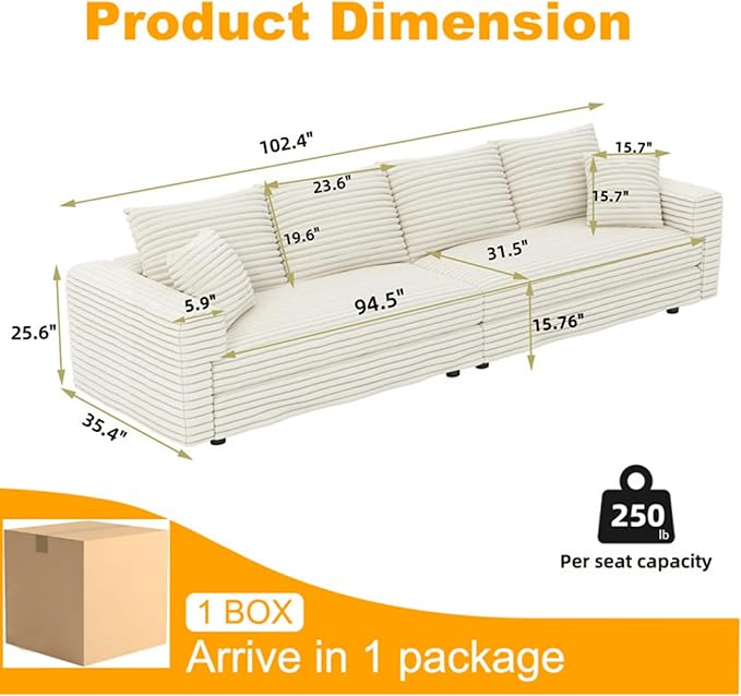 Ball &amp Cast 4 Seater Cloud Sectional Couch102.4 Modern Modular Sectional Sofa with Deep Seat &amp PillowsPlush Corduroy Comfy Convertible Sofa Couches for Living RoomBeige