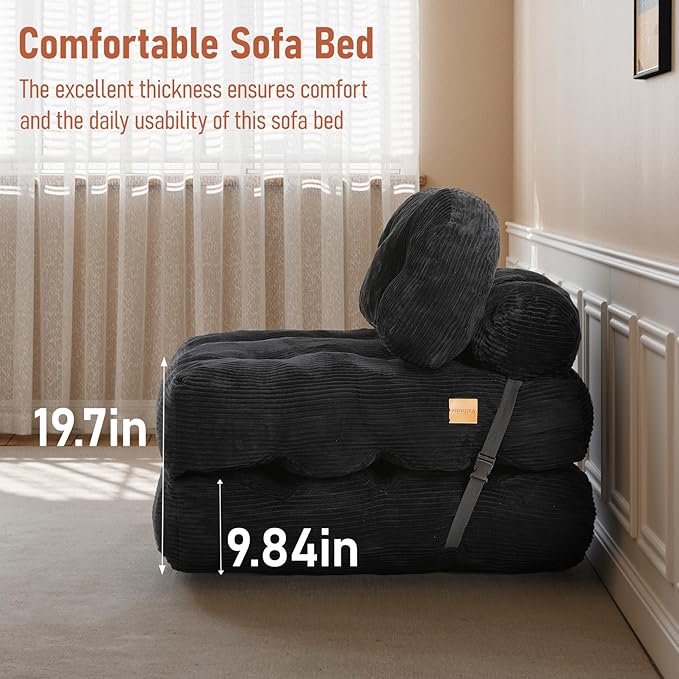 Folding Sofa Bed Convertible Sleeper Chair with Back Support and Pillow FutonBoneless Foldable Couch for Living Room/Guest Use/Home Office Foldable Chair Bed for Adults Black