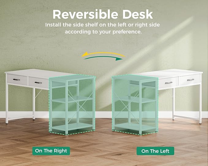 Coleshome Small Computer Desk with Drawers 40 Inch Reversible Home Office Desk with Storage Shelves Study Laptop Vanity Table for Bedroom Small Space White