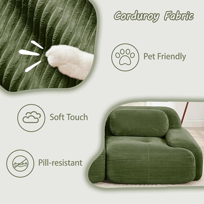 80.3 Modular Sectional Sofa Boneless Cloud Couch 2-Seater Deep Seat Cloud Couch Luxury Corduroy Fabric Sofa for Living Rooms Bedrooms Apartment (Green 80.3inch+Ottoman)