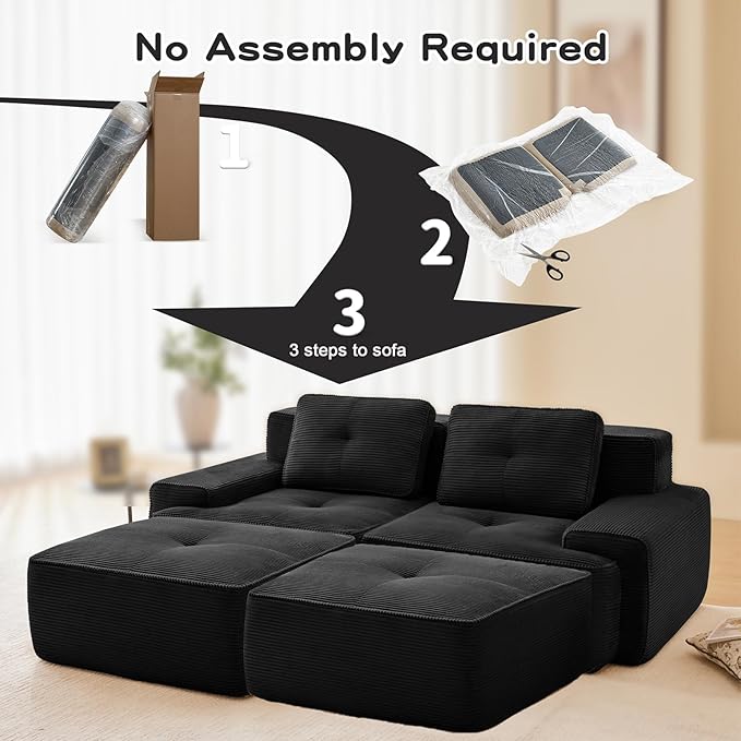 82 Modern Compressed Boneless Love Seat Couches with 2 Ottomans 2 Seater Large Sectional Couches for Living Room Black Corduroy Cloud Modular Sectional Sofa Memory Foam Deep Loveseat No Assembly