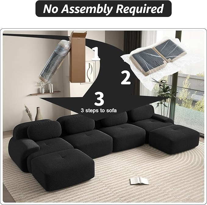 152 Modern Boneless Couches for Living Room Corduroy Cloud Couch Sectional Black Modular Sectional Sofa 4 Seater with 2 Ottoman Sofas para Sala U Shaped Couch (Black 4+2 Set)