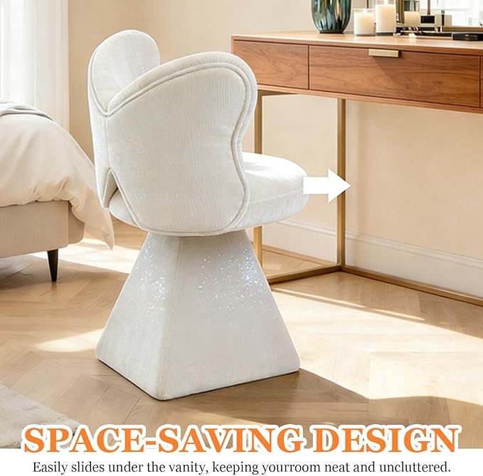360° Swivel Vanity Chair with Back and PillowChenille Comfy Makeup Chairs for VanityWhite Modern Desk Chair No Wheels for BedroomLiving Room (White)