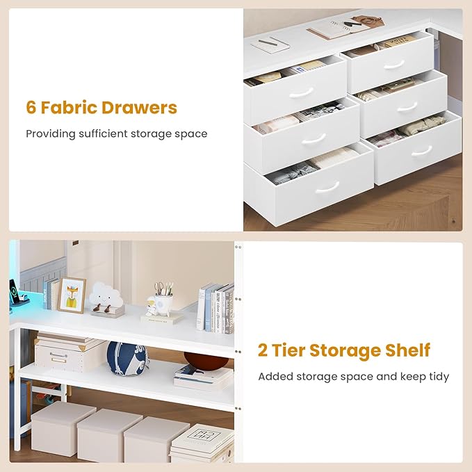 ADORNEVE Loft Bed Full Size with U-Shaped Desk 6 Storage Drawers Power Outlet LED Metal Loft Bed with 2 Storage Shelves Bed with Safety Guardrail &amp LaddersSpace-SavingWhite