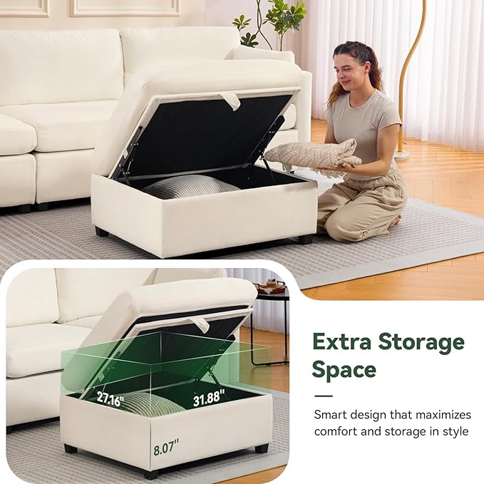 109'' Modular Sectional Sofa L Shaped Couch with Storage Ottoman Comfy Cloud Sofa with Deep Seat 4 Seat Convertible Sectional Couches for Living Room (Beige Low Legs 1.97)