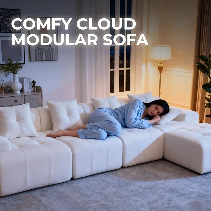 129.23”Modular Sectional Couch for Living Room Modren L-Shape Cloud Sectional 4-Seater Sofa with 2 Movable Ottomans Woven Texture Upholstery Boneless Couch No Assembly Beige