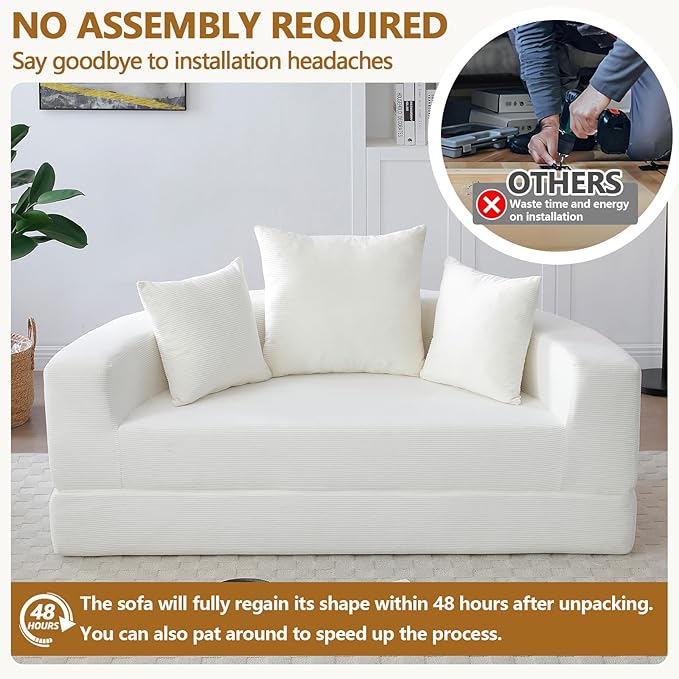 67'' Circular Convertible Compressed Sofa Bed White Corduroy Floor Lounge Round Boneless Couch Loveseat Sleeper Sofa Couch with 3 Cushions No Assembly for Apartment Bedroom