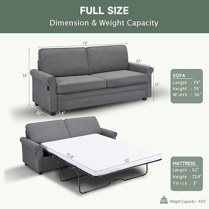 ONBRILL Pull Out Sofa Bed 2-in-1 Full Size Convertible Sleeper Sofa Couch with Pull Out Bed USB Charging Port Hide a Mattress with Menmory Foam Loveseat Couch for Living Room Dark Grey