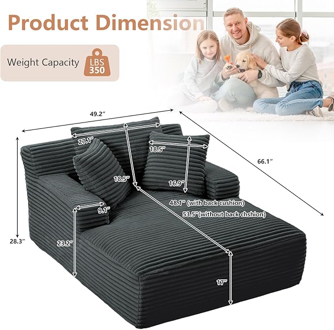 49.2 Oversized Chaise Lounge Chair Deep Seat Upholstered Cozy Cloud Couch Modern Corduroy Floor Sleeper Sofa Bed Reading Chair for Living Room Bedroom Apartment Office Indoor Dark Grey