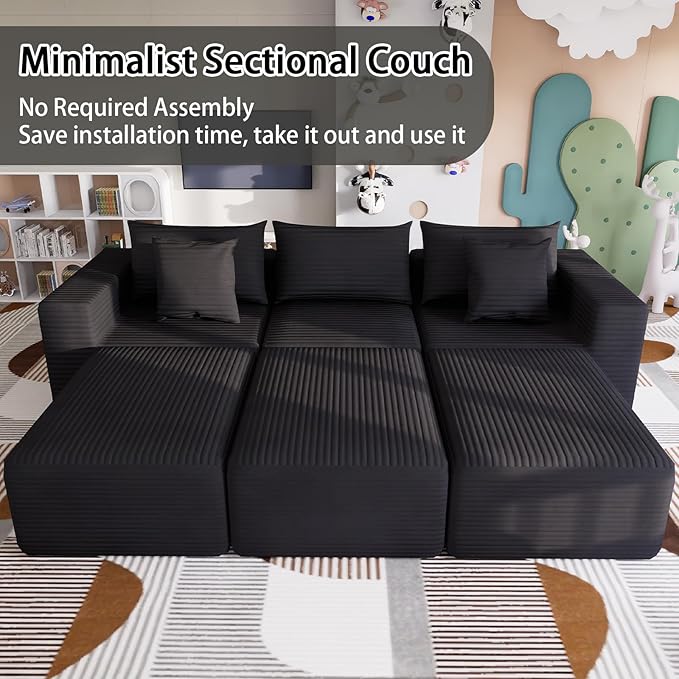 Modular Cloud Sectional Sofa – Oversized Deep Seat Couch with Pillows Convertible Foam SofaFreely Configurable for Living Room Apartment Bedroom (Black 3 Seater+3 Ottoman)