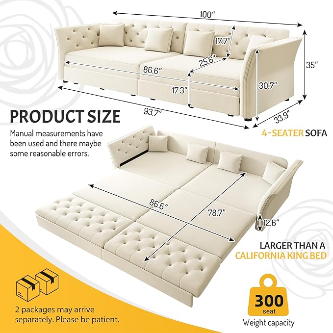 100'' Pull Out Couch King Size Velvet Sleeper Sofa with Flower-Tuffed Back Chesterfield Convertible Futon Sofa Bed 4 Pillows 4-Seater Deep Couches for Living Room Small Spaces Beige