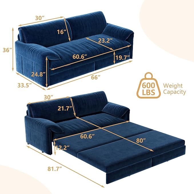 GNIXUU 66 Queen Pull Out Sofa Bed Velvet Convertible Sleeper Sofa Couch with Side Storage Comfy Cloud Futon Bed Pull Out Couch for Living Room Apartment Small Space(Blue)