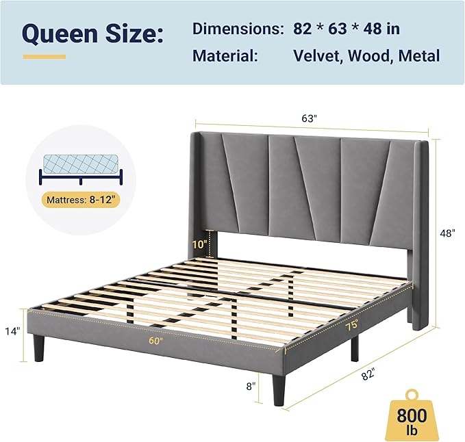 Allewie Queen Size Platform Velvet Bed Frame with Geometric Wingback Headboard Boho Upholstered Bed with Wooden Slats Support No Box Spring Needed Easy Assembly Light Grey