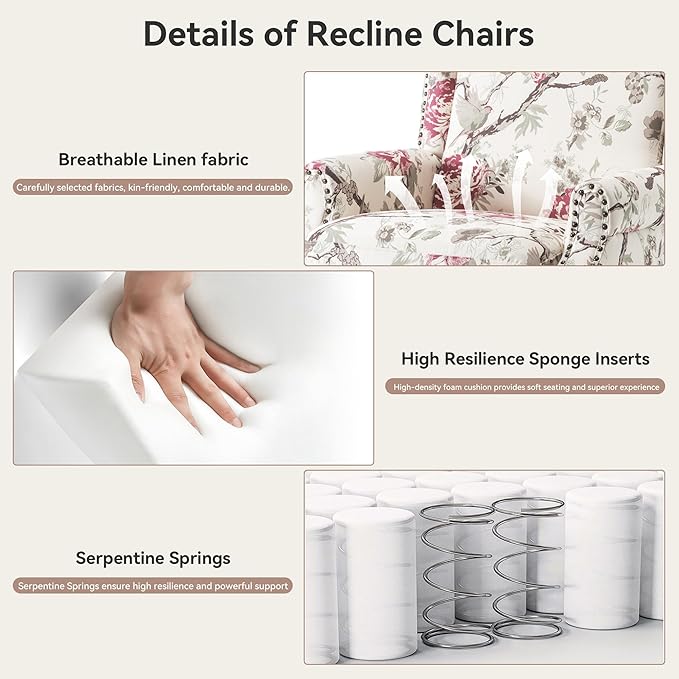 Pushback Recliner Chair Floral Fabric Wingback Recliner Chair Upholstered Rivet Trim Armchair Push Back Recliner Accent Chair for Living Room Small Spaces Plants Floral