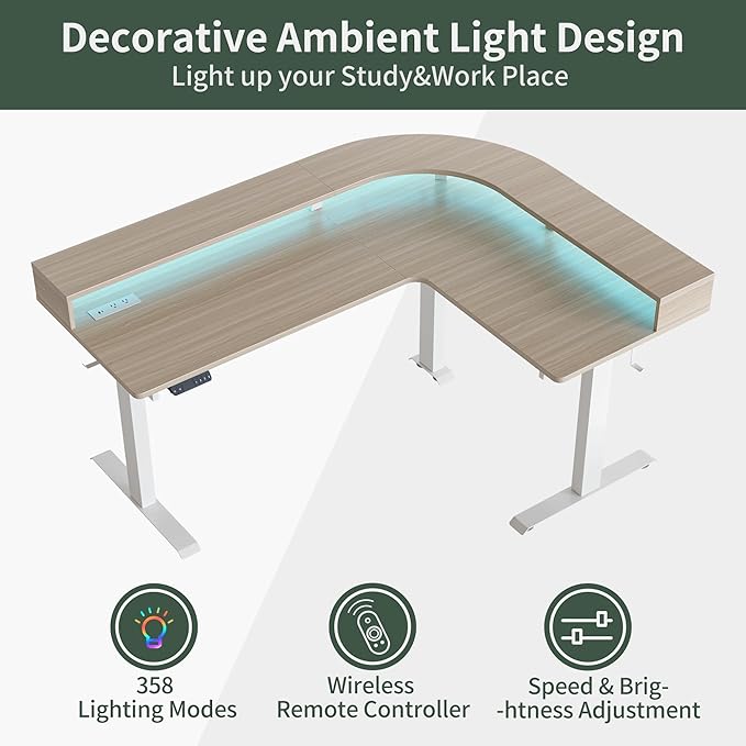 FEZIBO 63x49 L Shaped Standing Desk with Arc LED &amp Power Outlet Electric Height Adjustable L Shaped Computer Desk with Monitor Stand for Gaming Office Light Walnut