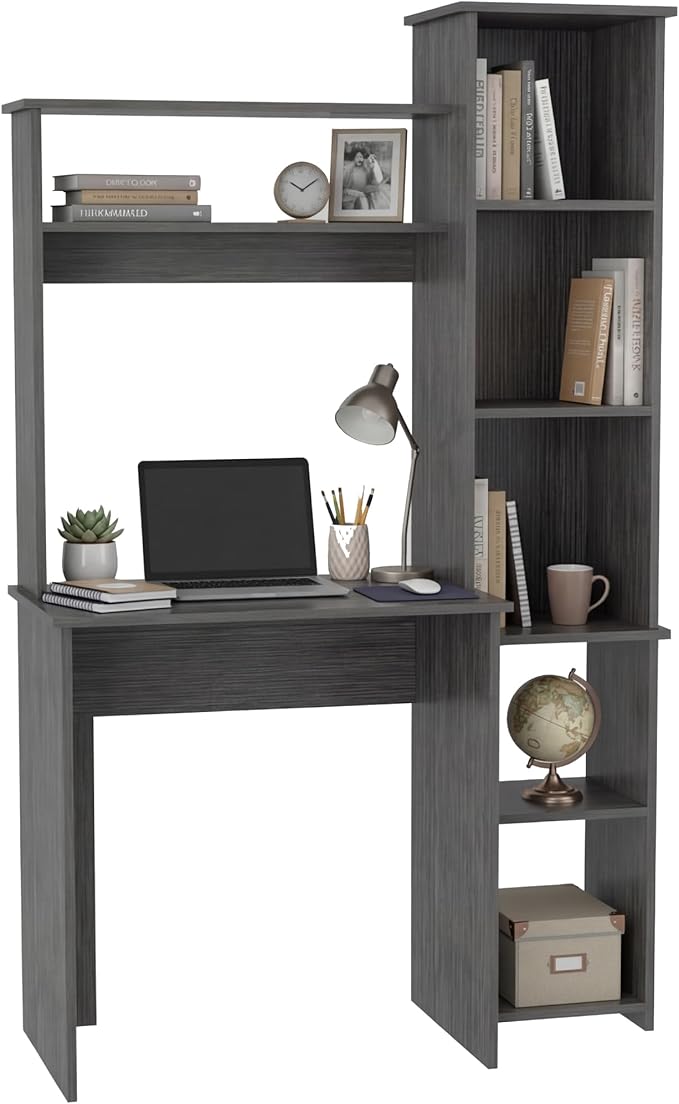 Tuhome Versalles Writing Desk with Two Superior Shelves Five Side Open Storage Compartments Space-Saving Modern Workstation Design for Studios and Offices Ideal for Organization Books